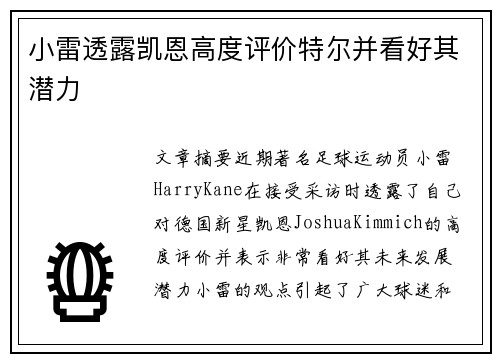 小雷透露凯恩高度评价特尔并看好其潜力