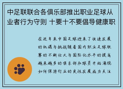 中足联联合各俱乐部推出职业足球从业者行为守则 十要十不要倡导健康职业操守