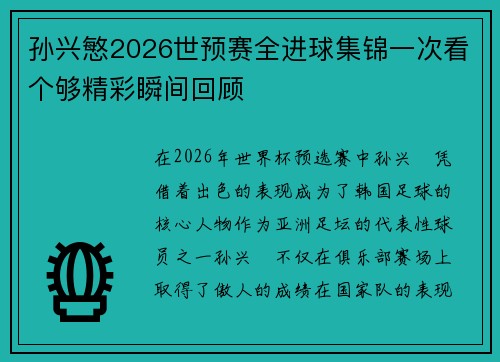 孙兴慜2026世预赛全进球集锦一次看个够精彩瞬间回顾