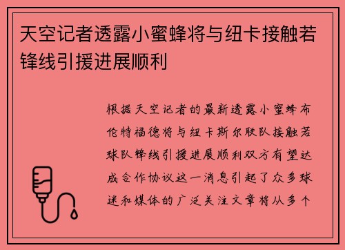 天空记者透露小蜜蜂将与纽卡接触若锋线引援进展顺利